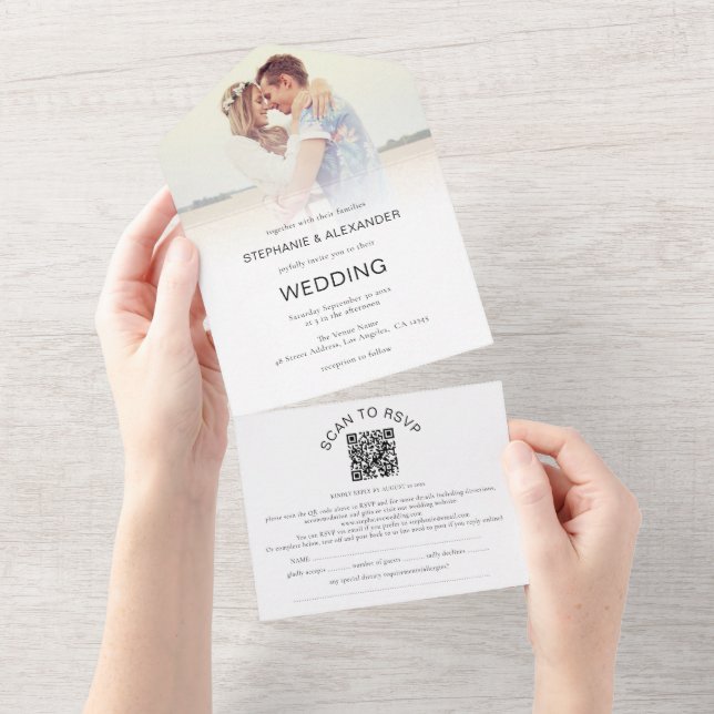 Photo Overlay Guest Name Addresses QR Code Wedding All In One Invitation (Tearaway)