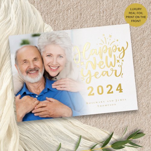 Photo Overlay Happy New Year 2024 Luxury Real Foil Holiday Card