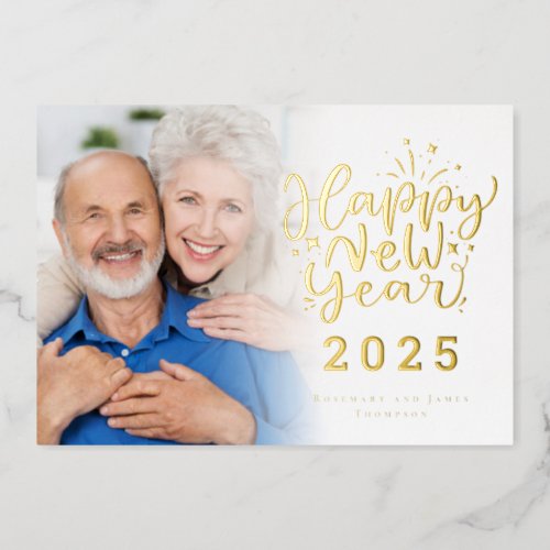 Photo Overlay Happy New Year 2025 Luxury Real Foil Holiday Card