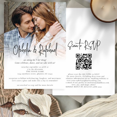 Photo Overlay Informal Script QR Code Boho Wedding Invitation