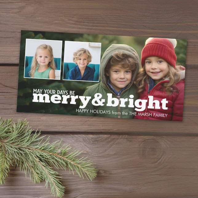Photo Overlay Merry and Bright Holiday Collage Card (Add 3 photos to this classic photo card that can be printed or sent out to friends and family.)