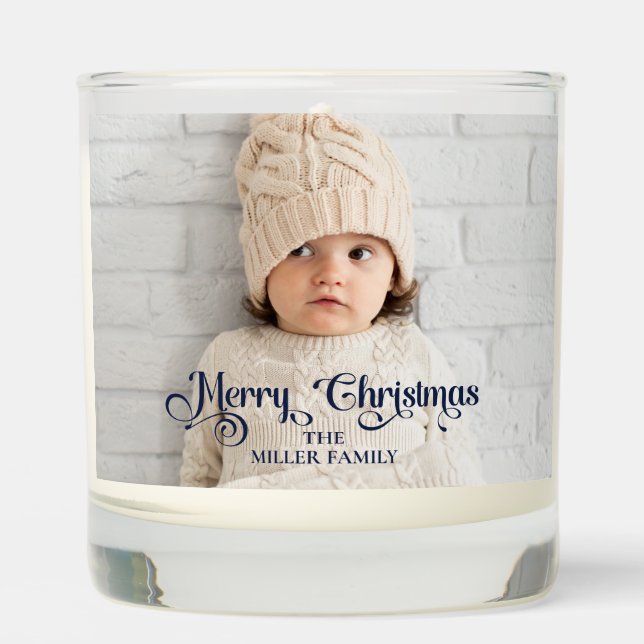 Photo overlay Merry Christmas family blue  Scented Candle (Front)