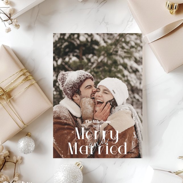 Photo Overlay Minimalist Merry and Married Holiday Card (Creator Uploaded)