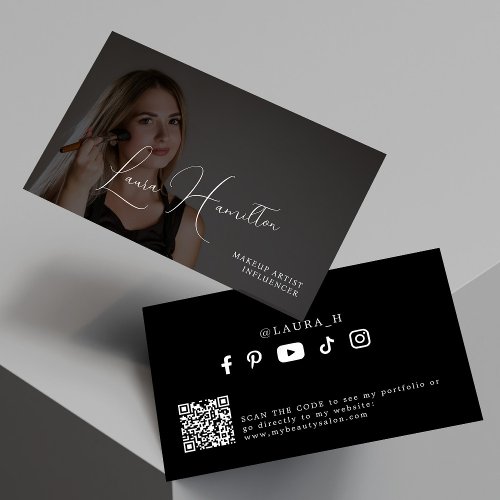 Photo overlay modern black QR code makeup artist  Business Card