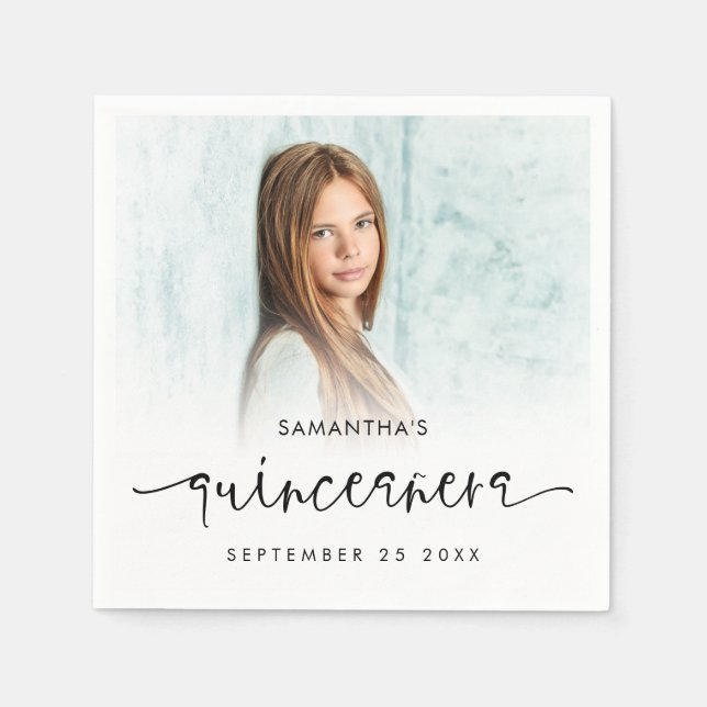 Photo Overlay Name Date Script Quinceañera Napkins (Front)
