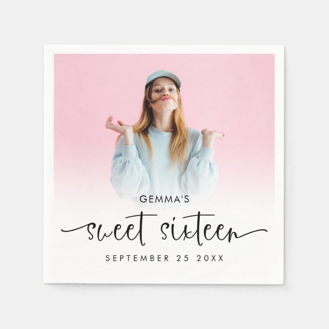 Photo Overlay Name Date Script Sweet Sixteen  Napkins (Front)