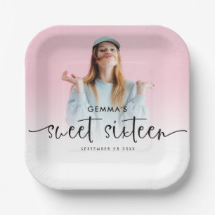 Photo Overlay Name Date Script Sweet Sixteen Paper Plates