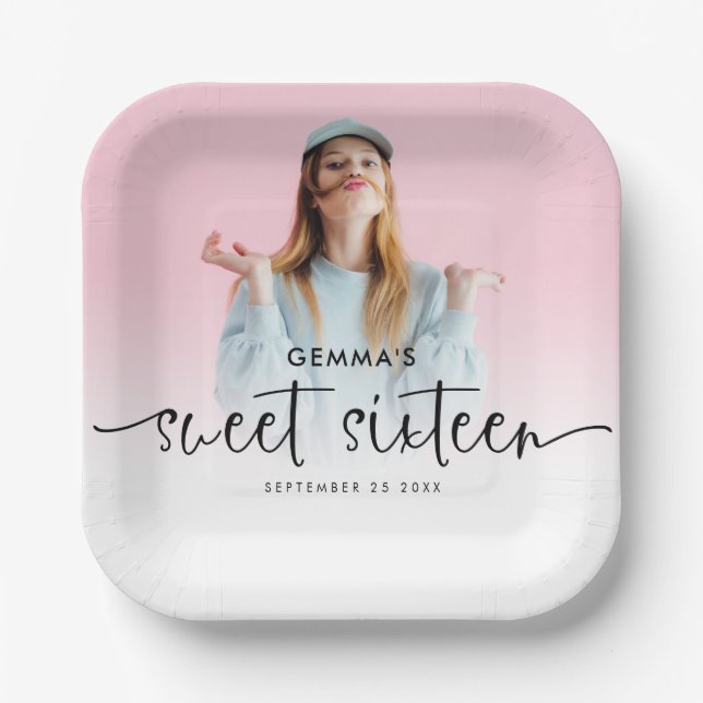 Photo Overlay Name Date Script Sweet Sixteen  Paper Plates (Front)