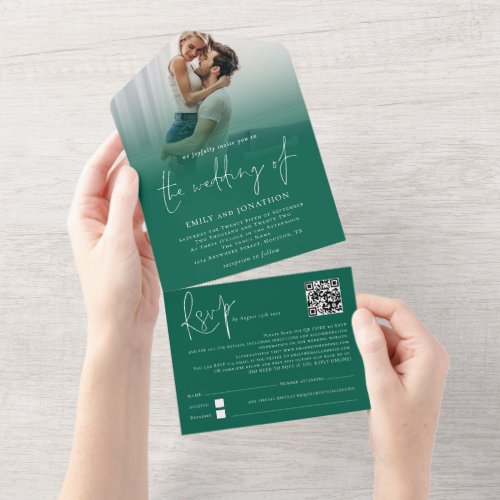 Photo Overlay QR Code Emerald Green Script Wedding All In One Invitation