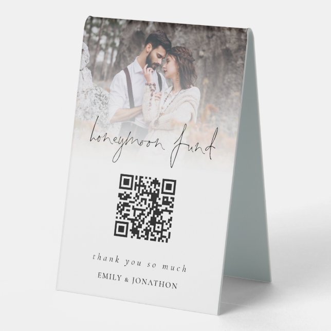 Photo Overlay Qr Code Honeymoon Fund Wedding  Table Tent (Back)