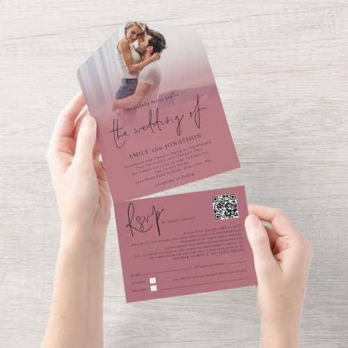 Photo Overlay QR Code Rose Gold Script Wedding All In One Invitation