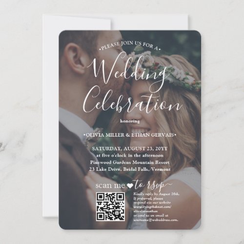 Photo Overlay QR Code RSVP White Script Wedding Invitation