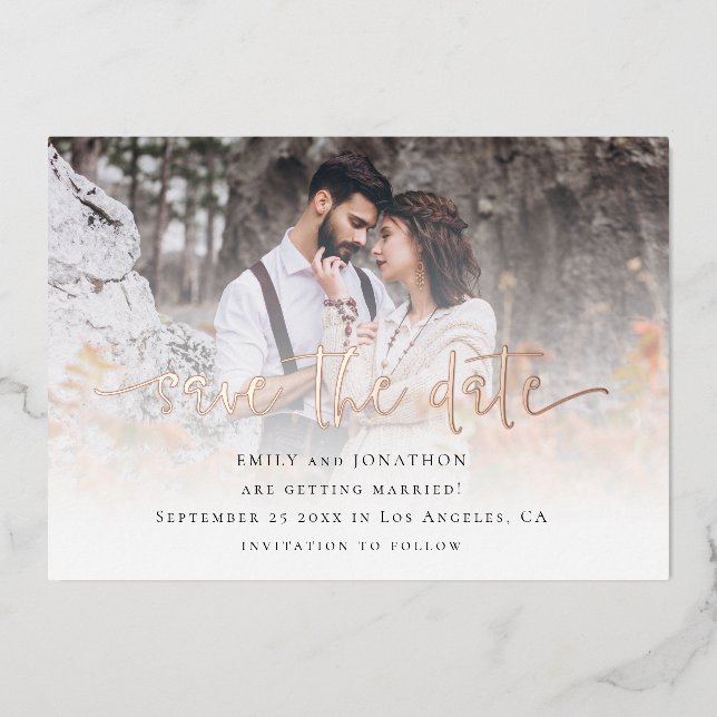 Photo Overlay QR Code Save The Date Rose Gold Real Foil Invitation (Front)