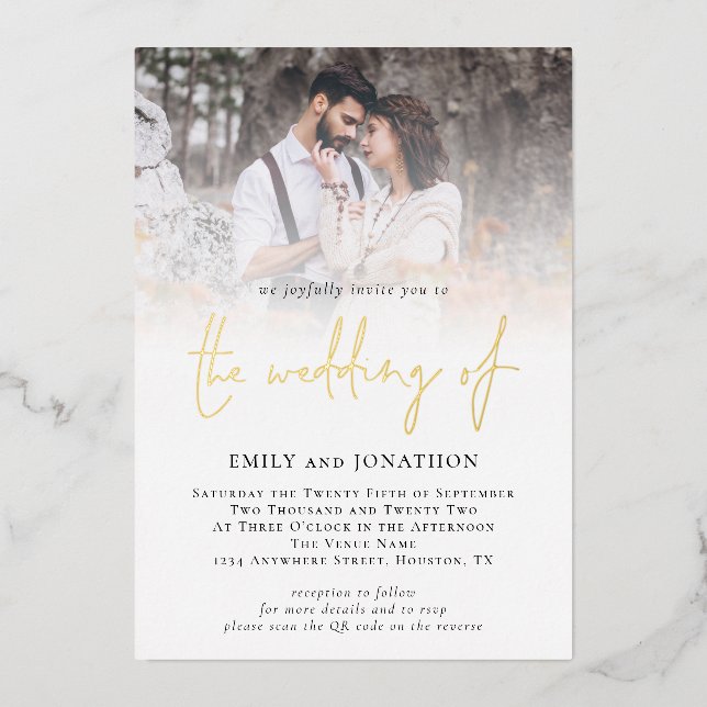 Photo Overlay QR Code Script Wedding Real Foil Invitation (Front)
