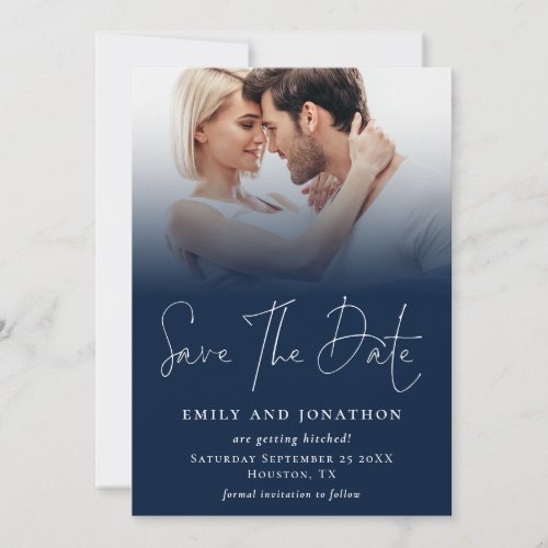 Photo Overlay QR Navy Blue White Script Wedding Save The Date