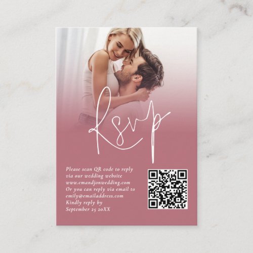 Photo Overlay QR Rose Gold Script Wedding RSVP Enclosure Card