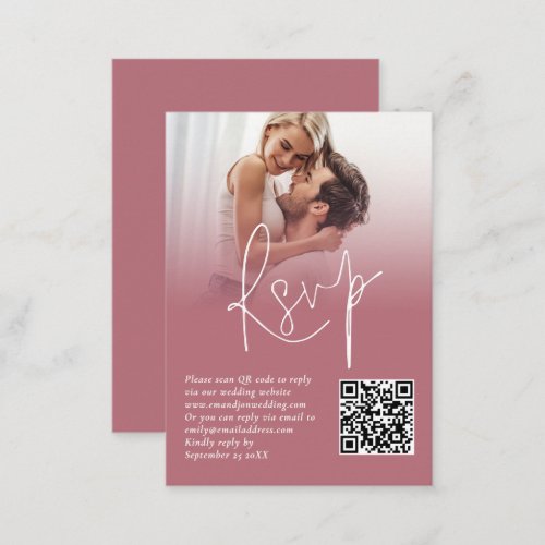 Photo Overlay QR Rose Gold Script Wedding RSVP Enclosure Card