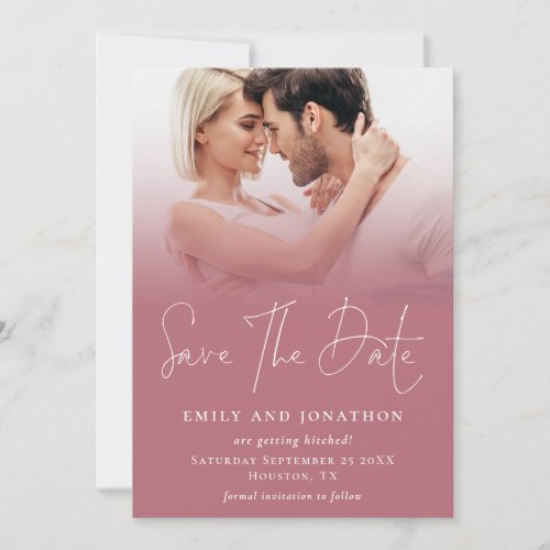 Photo Overlay QR Rose Gold White Script Wedding Save The Date