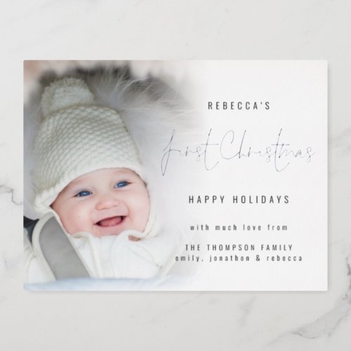 Photo Overlay Script Baby 1st Christmas Luxury  Foil Holiday Postcard