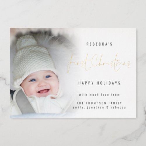 Photo Overlay Script Baby First Christmas Luxury Foil Holiday Card