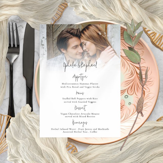 Photo Overlay Script Boho Wedding Menu Card (High Quality printed or Printable Digital download available)