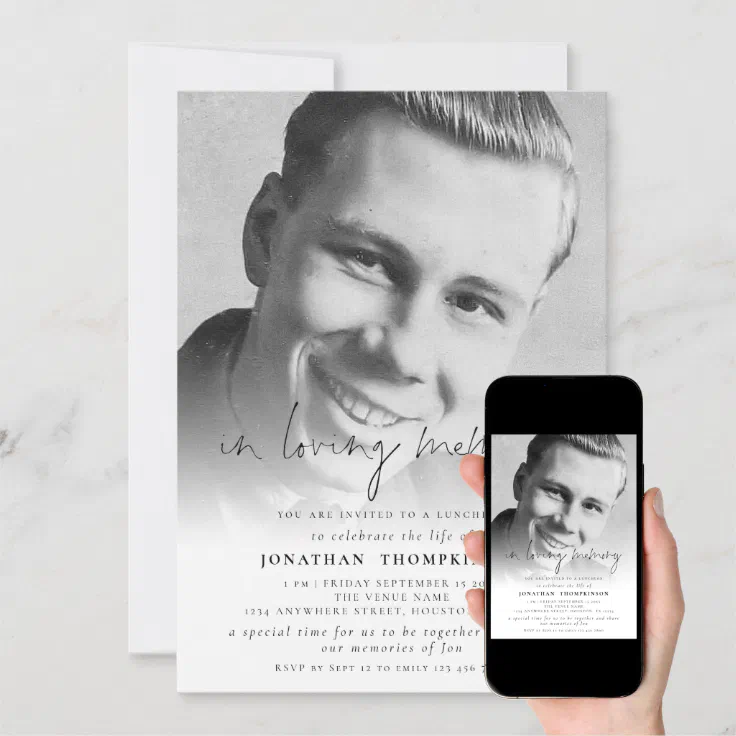 Photo Overlay Script In Loving Memory Funeral Invitation | Zazzle