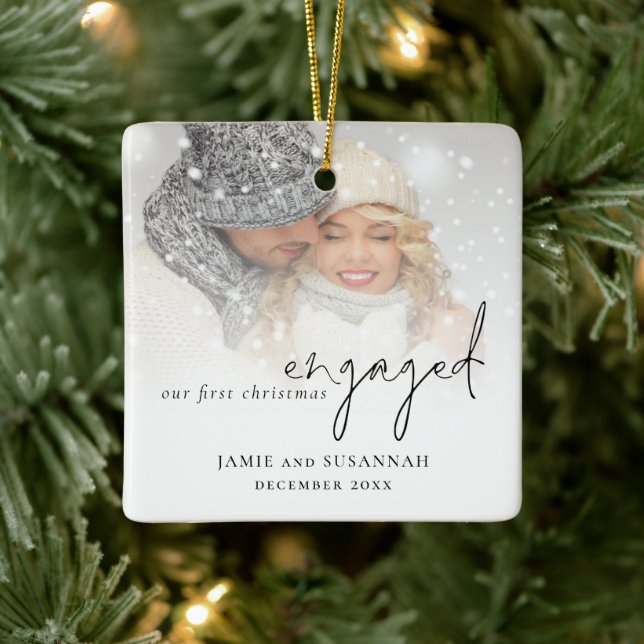 Photo Overlay Script Names 1st Engaged Christmas Ceramic Ornament (Tree)