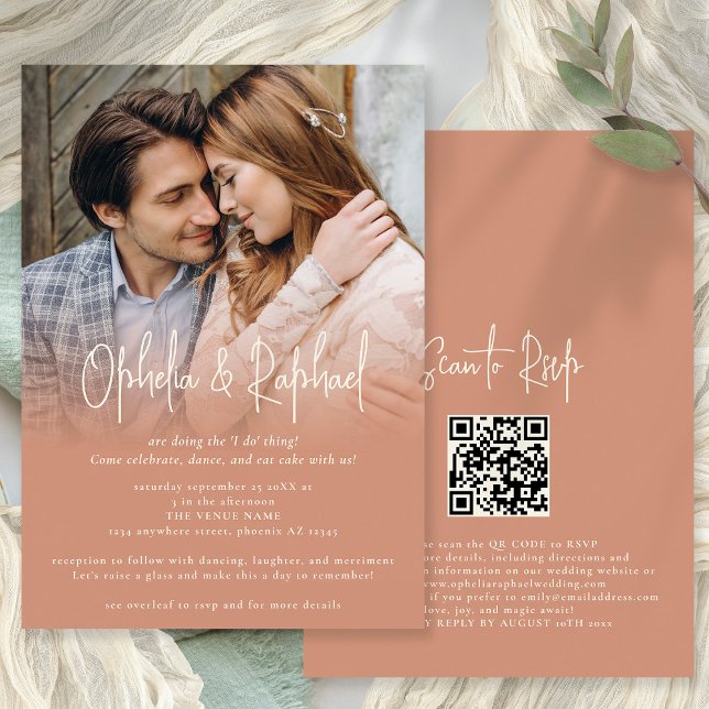 Photo Overlay Script QR Boho Terracotta wedding Invitation (Front and back view. Available printed or dgitally)