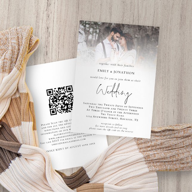 Photo Overlay Script QR Code Wedding Invitation (Front and back view. Available digitally and printed. Part of a large matching wedding suite)