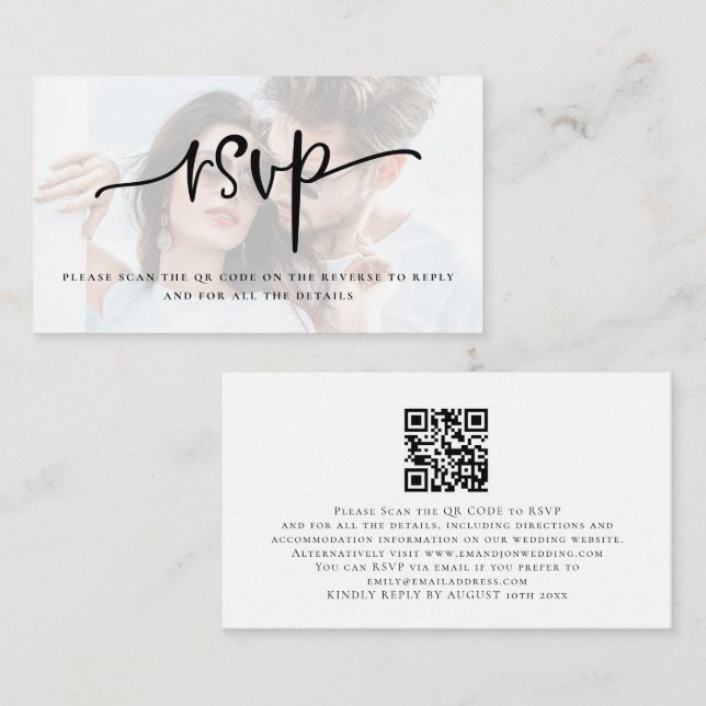 Photo Overlay Script QR Code Wedding RSVP Enclosure Card (Front/Back)