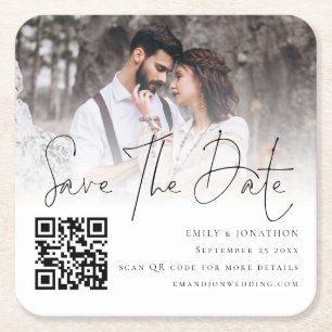 Photo Overlay Script QR Code Wedding Save The Date Square Paper Coaster