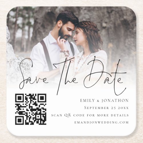 Photo Overlay Script QR Code Wedding Save The Date Square Paper Coaster