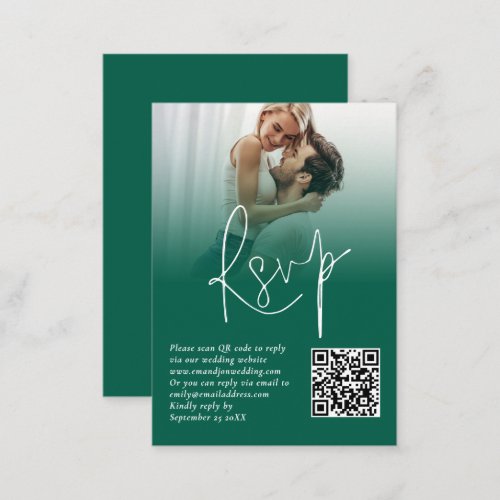 Photo Overlay Script QR Emerald Green Wedding RSVP Enclosure Card