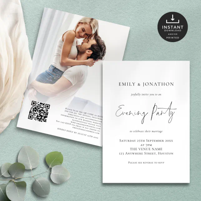 Photo Overlay Script QR Wedding Evening Party Invitation | Zazzle