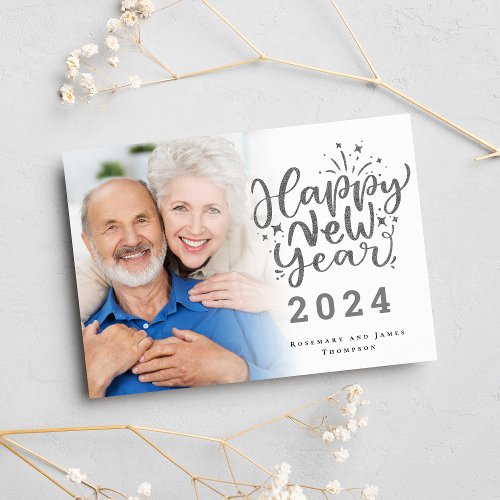 Photo Overlay Silver Glitter Happy New Year 2024 Holiday Card