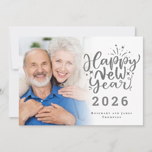 Photo Overlay Silver Glitter Happy New Year 2026 Holiday Card (Front)