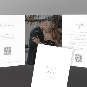 Photo overlay silver wedding RSVP details QR code Tri-Fold Invitation
