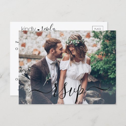 Photo Overlay Simple Elegant Script Wedding RSVP Invitation Postcard