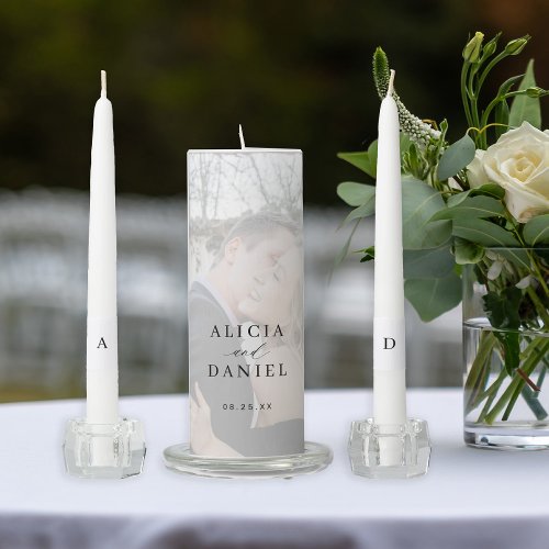 Photo overlay simple modern wedding names initials unity candle set