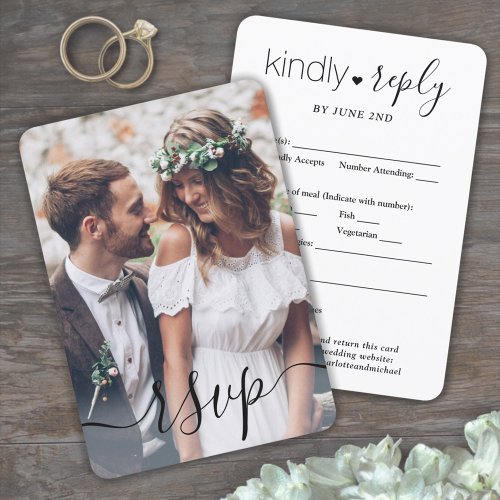 Photo Overlay Simple Script Elegant Wedding Kindly RSVP Card