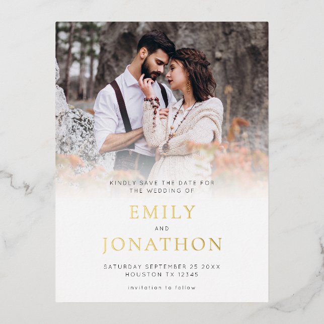 Photo Overlay Wedding Save The Date Foil Postcard (Front)
