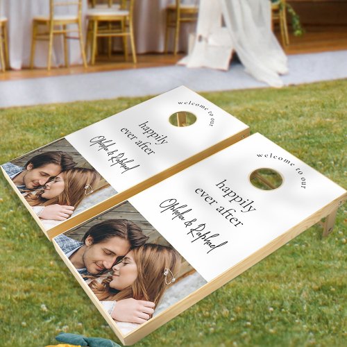 Photo Overlay Welcome Happily Ever After Wedding Cornhole Set