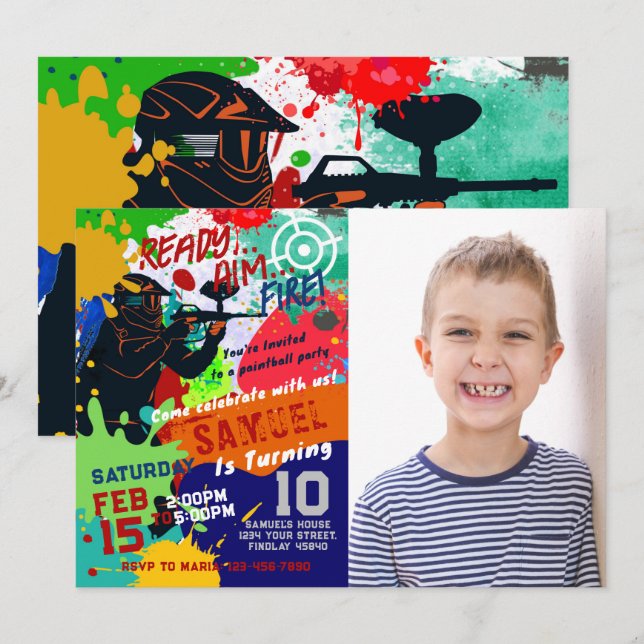 Photo Paintball Birthday Invitation, Paintball  Invitation (Front/Back)