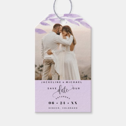 Photo Pale Purple Leaves Wedding Save the Date Gift Tags