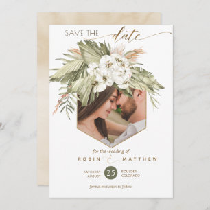 Photo, Palm Leaves Floral Cream Watercolor Save The Date
