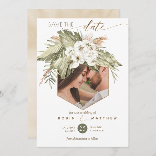 Photo Palm Leaves Floral Cream Watercolor Save The Date