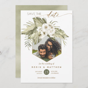 Photo, Palm Leaves Floral Green Watercolor Save The Date