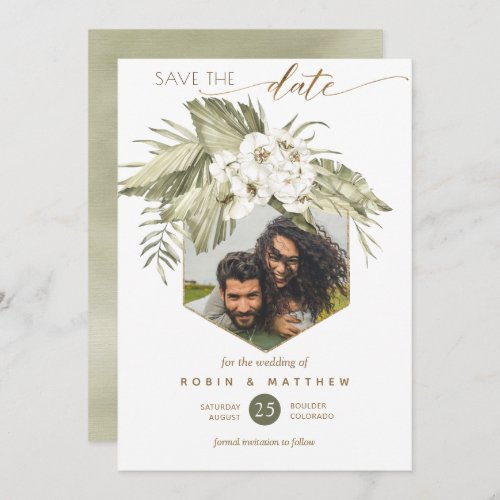 Photo Palm Leaves Floral Green Watercolor Save The Date