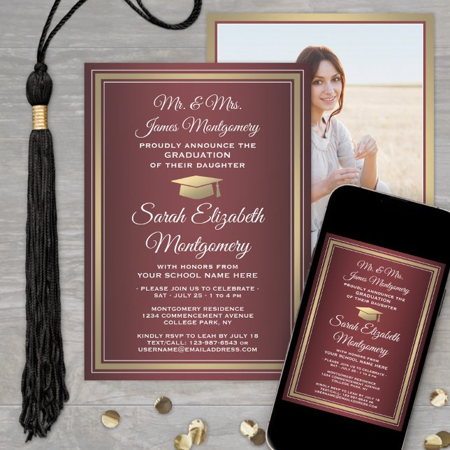 Photo & Parents Names Burgundy Graduation Party Invitation (Creator Uploaded)
