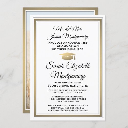 Photo  Parents Names Gold White Graduation Party Invitation